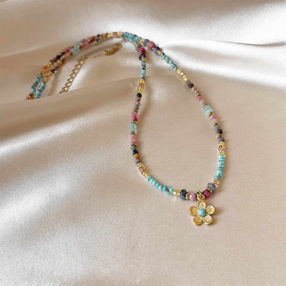 Colorful Natural Stone Flower Beaded Necklace | Stainless Steel Handmade Choker