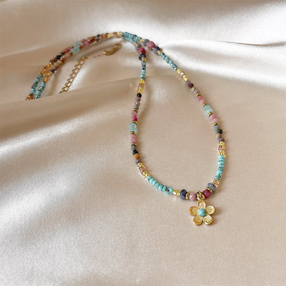 Colorful Natural Stone Flower Beaded Necklace | Stainless Steel Handmade Choker