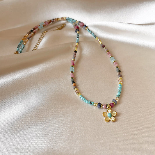 Colorful Natural Stone Flower Beaded Necklace | Stainless Steel Handmade Choker
