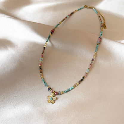 Colorful Natural Stone Flower Beaded Necklace | Stainless Steel Handmade Choker