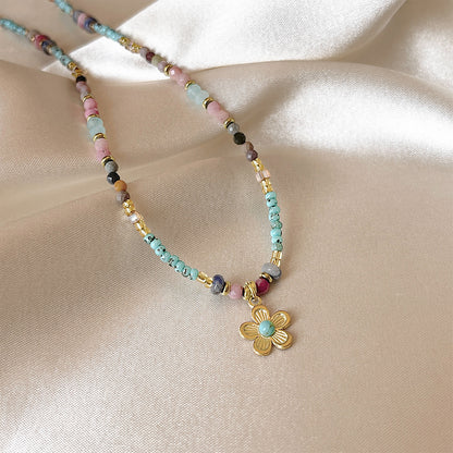 Colorful Natural Stone Flower Beaded Necklace | Stainless Steel Handmade Choker