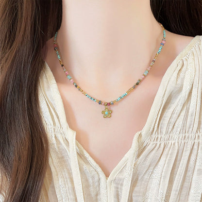 Colorful Natural Stone Flower Beaded Necklace | Stainless Steel Handmade Choker