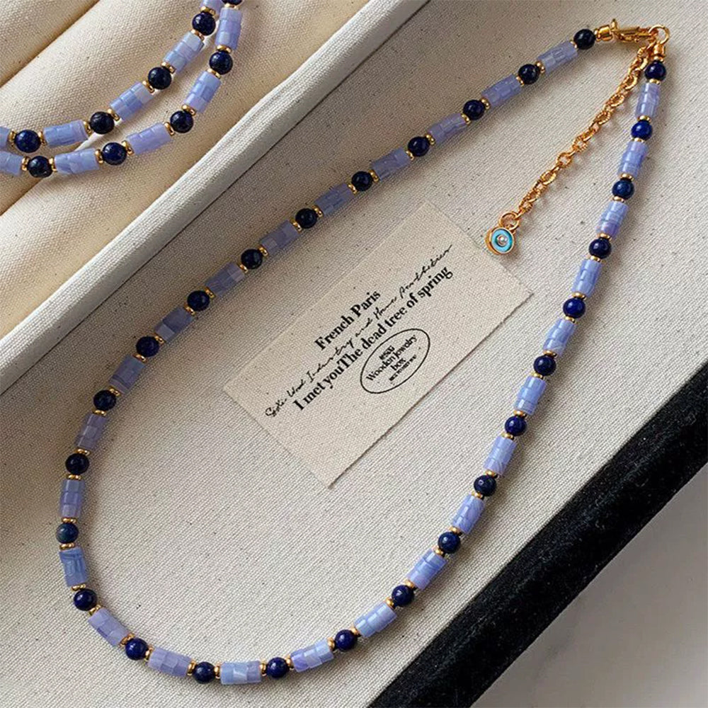 Purple Agate & Natural Lapis Lazuli Beaded Choker Necklace – Light Luxury Mixed Gemstone Jewelry for Women
