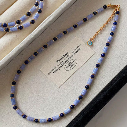 Purple Agate & Natural Lapis Lazuli Beaded Choker Necklace – Light Luxury Mixed Gemstone Jewelry for Women