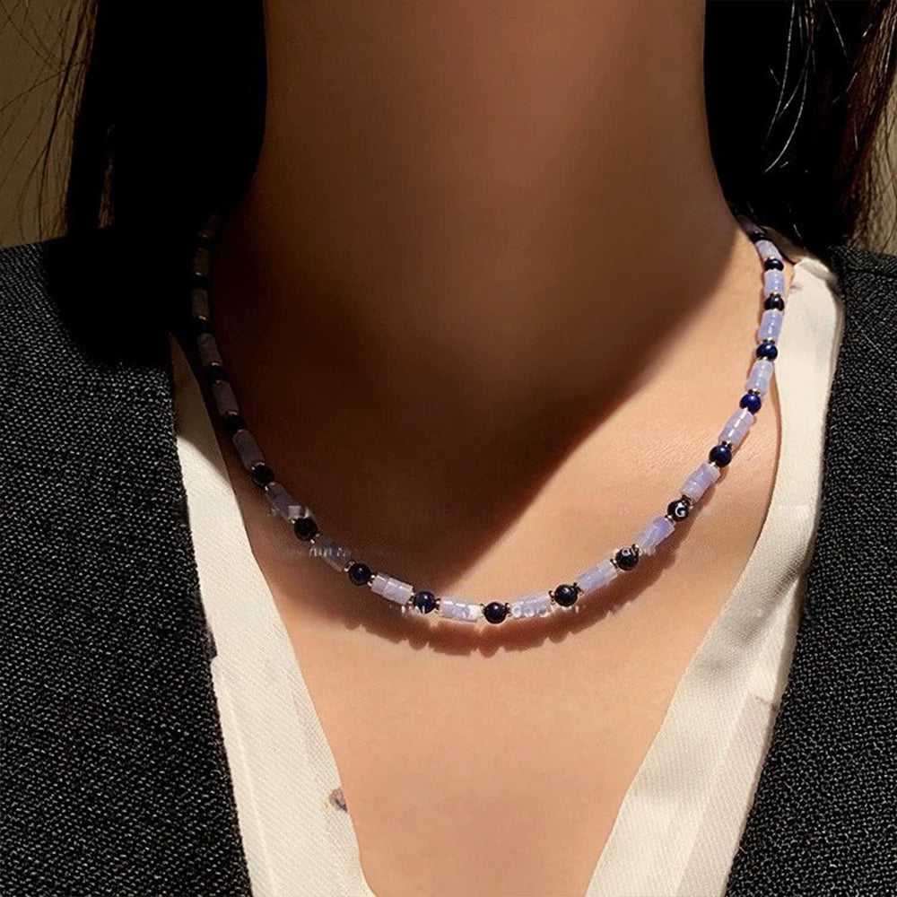 Purple Agate & Natural Lapis Lazuli Beaded Choker Necklace – Light Luxury Mixed Gemstone Jewelry for Women
