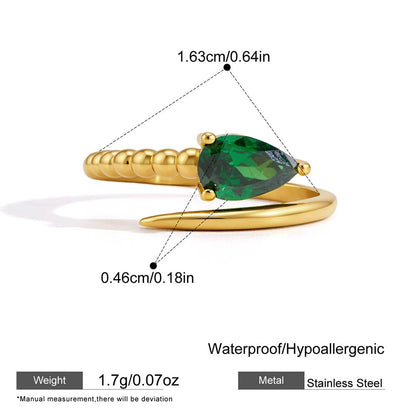 18K Gold Plated Pear Cut CZ Open Ring | Waterproof Stainless Steel Adjustable Ring