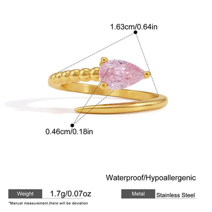 18K Gold Plated Pear Cut CZ Open Ring | Waterproof Stainless Steel Adjustable Ring