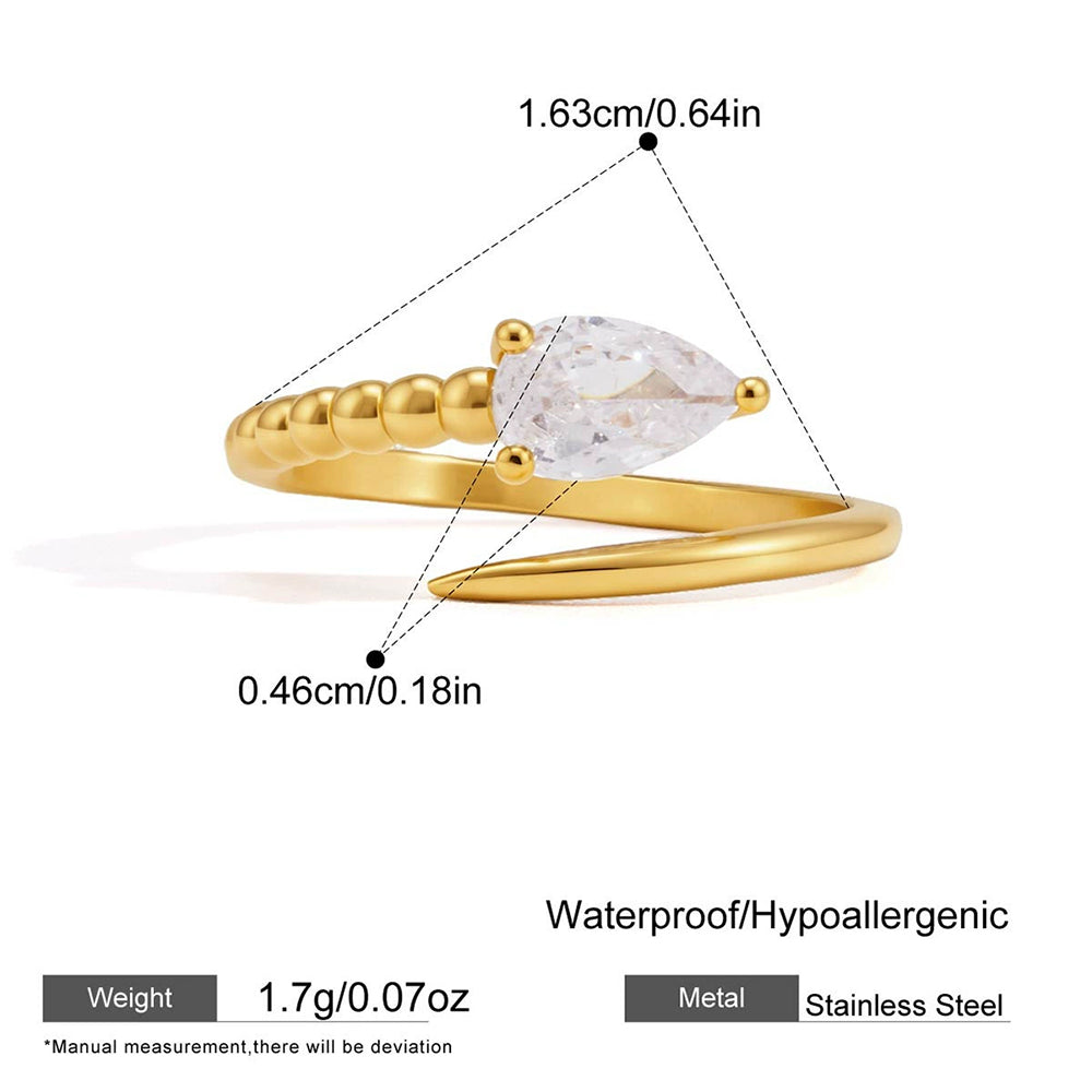 18K Gold Plated Pear Cut CZ Open Ring | Waterproof Stainless Steel Adjustable Ring