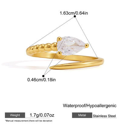 18K Gold Plated Pear Cut CZ Open Ring | Waterproof Stainless Steel Adjustable Ring