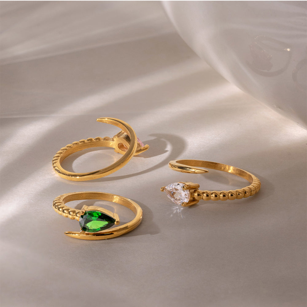 18K Gold Plated Pear Cut CZ Open Ring | Waterproof Stainless Steel Adjustable Ring