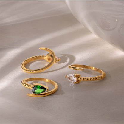 18K Gold Plated Pear Cut CZ Open Ring | Waterproof Stainless Steel Adjustable Ring