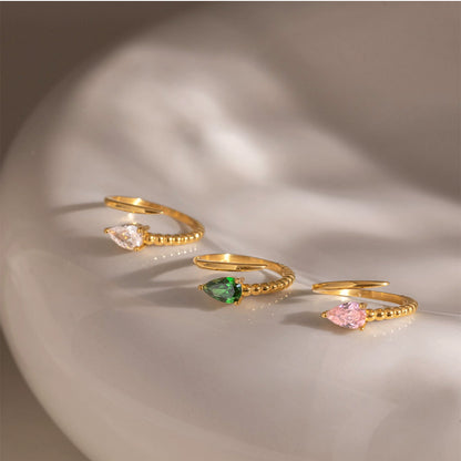 18K Gold Plated Pear Cut CZ Open Ring | Waterproof Stainless Steel Adjustable Ring